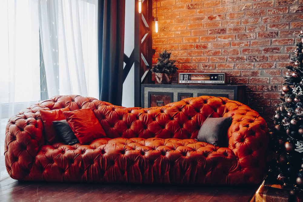 An apricot colored couch. 